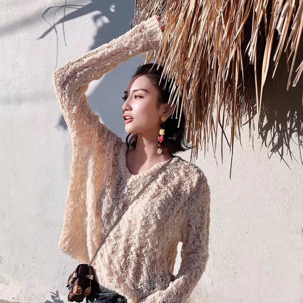June Eleven Open Knit Sheer Elegant V-Neck Sweater in Cream - Picture 7 of 8